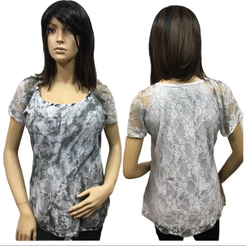 WS234 Brittany Black Lace floral stretch Top L